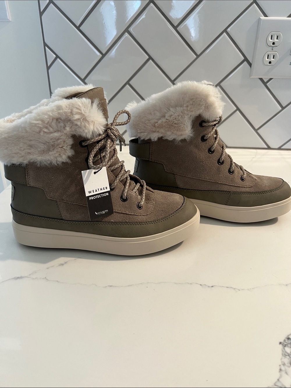Koolaburra by UGG Olive Suede Faux-Fur Cuff Weather-Resistant Lace-Up Boots